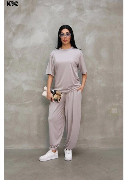 Osy Modal Yumuşak Dokulu Kumaş Oversize Bisiklet Yaka T-Shirt Jogger Eşofman Altı Eşofman Takımı - Gri