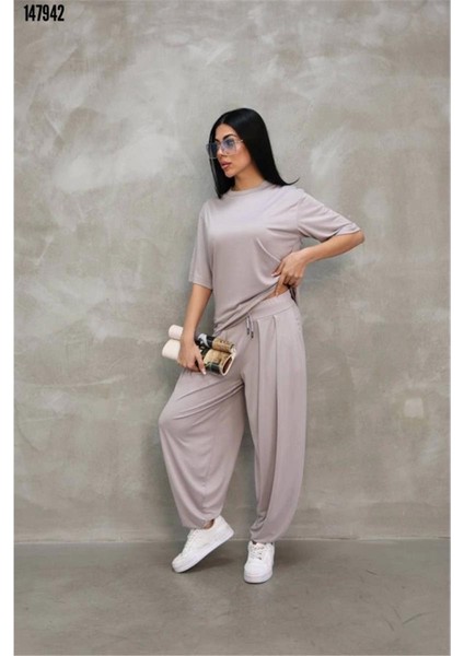 Osy Modal Yumuşak Dokulu Kumaş Oversize Bisiklet Yaka T-Shirt Jogger Eşofman Altı Eşofman Takımı - Gri fiyatları