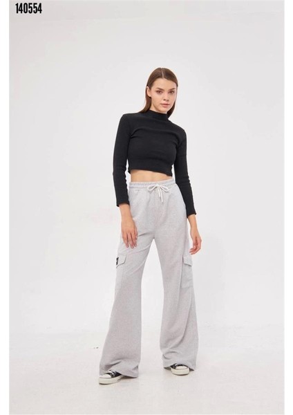 Kargo Cepli Palazzo Oversize Kesim Iki Iplik Bol Paça Eşofman Altı Pantalon - Gri