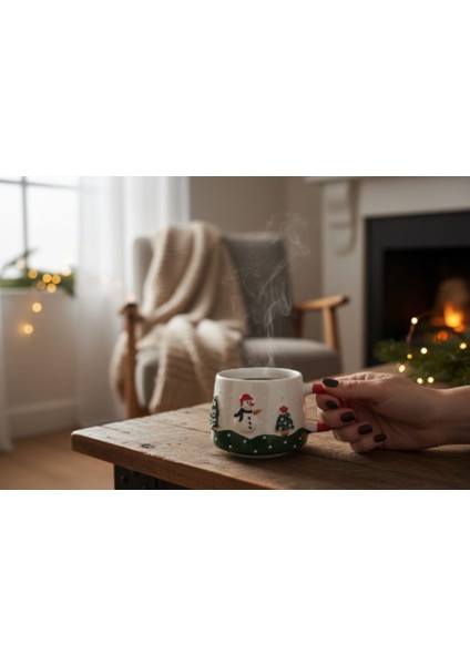 Seramik Kardan Adam ve Çam Ağacı Noel Desenli Fincan/yılbaşı Özel Hediye Kupa