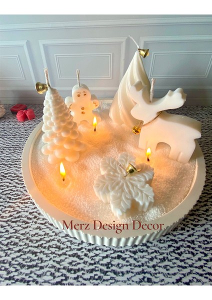 Dekoratif Büyük Tabakta Inci Tozu Mum ile Kış Köyü Masalı %100 Doğal Vegan Soya Wax Mum Seti