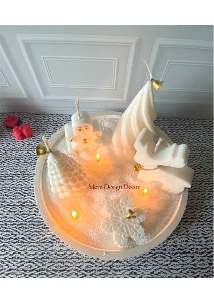 Dekoratif Büyük Tabakta Inci Tozu Mum ile Kış Köyü Masalı %100 Doğal Vegan Soya Wax Mum Seti fiyatları