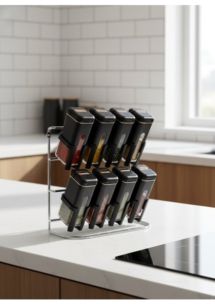 Baharatlık Seti 8 Li Kaliteli Standlı Cam Duvara Monte Edilebilir Siyah