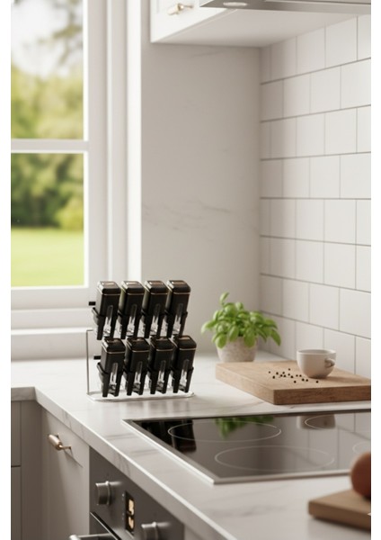 Baharatlık Seti 8 Li Kaliteli Standlı Cam Duvara Monte Edilebilir Siyah modelleri