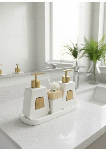 2 Li Sıvı Sabunluk Bambu Detaylı Şık Banyo Mutfak