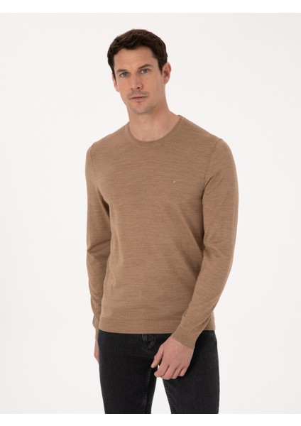 Erkek Camel Slim Fit Yün Karışımlı Bisiklet Yaka Basic Triko Kazak 50318854-VR015