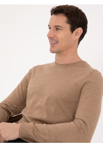 Erkek Camel Slim Fit Yün Karışımlı Bisiklet Yaka Basic Triko Kazak 50318854-VR015