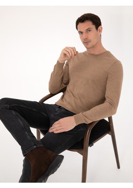 Erkek Camel Slim Fit Yün Karışımlı Bisiklet Yaka Basic Triko Kazak 50318854-VR015