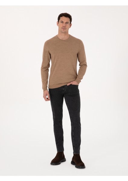 Erkek Camel Slim Fit Yün Karışımlı Bisiklet Yaka Basic Triko Kazak 50318854-VR015