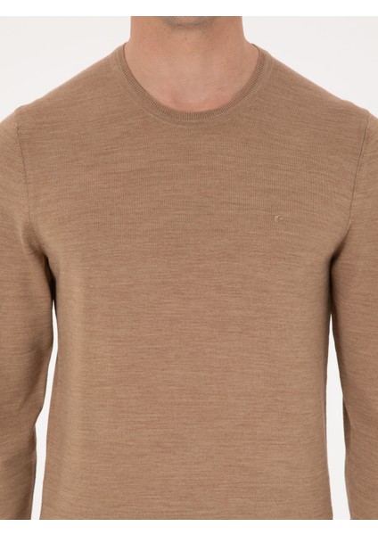 Erkek Camel Slim Fit Yün Karışımlı Bisiklet Yaka Basic Triko Kazak 50318854-VR015