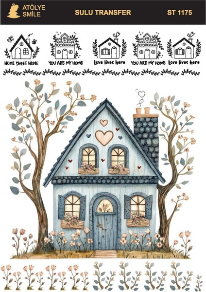 ST1175 Ev Desenli Açık Zemin Sulu Transfer 25*35 cm