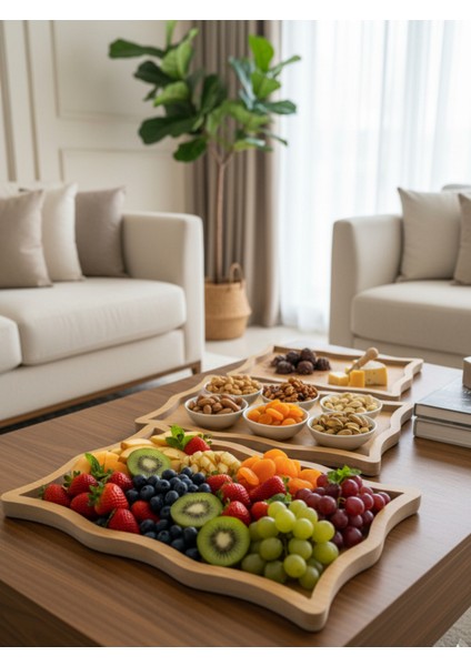 3 Parça Ahşap Sunumluk Servis Tepsisi Dikdörtgen