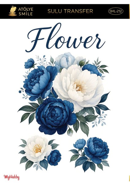 SML212 Mavi Tonları ve Beyaz Çiçek Desenli 25*35 cm Açık Zemin Sulu Transfer