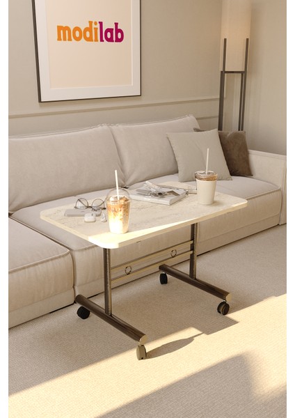 Tekerlekli Orta Sehpa Ahşap Metal Tasarım Çam Traverten Renk Taşınabilir Kullanışlı Dekoratif Modern