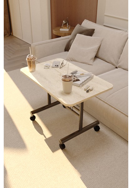 Tekerlekli Orta Sehpa Ahşap Metal Tasarım Çam Traverten Renk Taşınabilir Kullanışlı Dekoratif Modern fiyatları