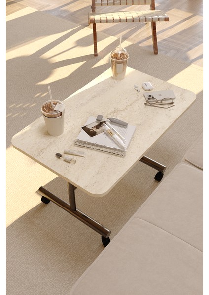 Tekerlekli Orta Sehpa Ahşap Metal Tasarım Çam Traverten Renk Taşınabilir Kullanışlı Dekoratif Modern modelleri