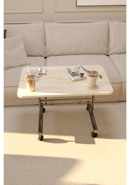 Tekerlekli Orta Sehpa Ahşap Metal Tasarım Çam Traverten Renk Taşınabilir Kullanışlı Dekoratif Modern