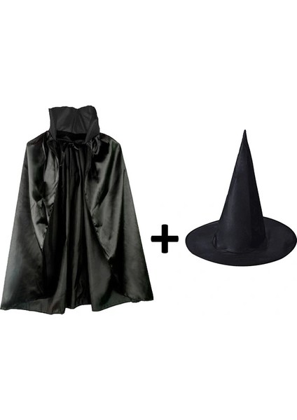 Buğz Siyah Yakalı Pelerin ve Siyah Cadı Şapkası Seti Çocuk Boy