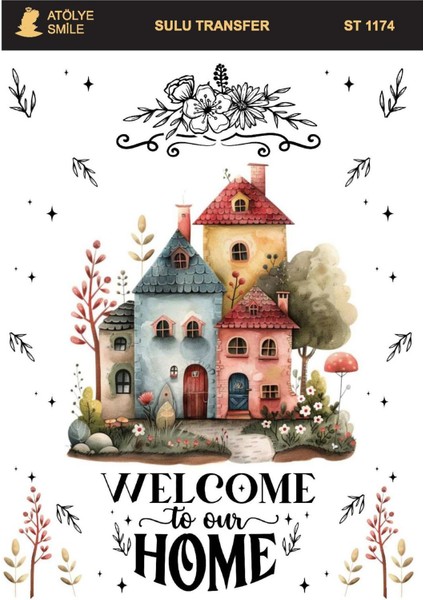 ST1174 Ev Desenli Açık Zemin Sulu Transfer 25*35 cm