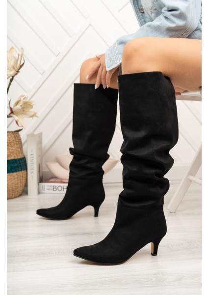 ZRİN-2001 Siyah Süet Ince Topuklu Körüklü Premium Kadın Çizme
