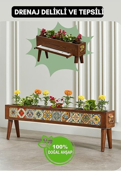 El Yapımı Ayaklı 10 Çinili Dekoratif Modern Ahşap Dikdörtgen Bahçe Balkon Saksı Saksılık Çiçeklik modelleri