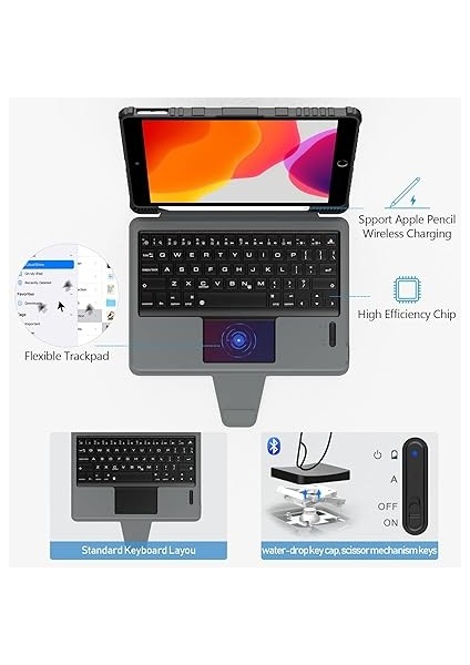 iPad 9. Nesil Klavye Kılıfı 10,2 Inç (10,2 Inç) Ped Ile, Çıkarılabilir Destek Standı, Kalem Tutucu, Sürgülü Kamera Kapağı iPad 7./8./9. Nesil ile Uyumlu Klavye (Siyah) fiyatları