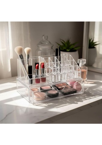 17 Bölmeli Şeffaf Akrilik Makyaj Düzenleyici - Tek Çekmeceli Kozmetik Organizeri | Ruj, Fırça, Fondöten, Palet Saklama Kutusu (23X14X14 Cm)