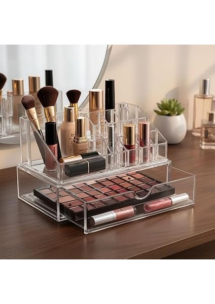 17 Bölmeli Şeffaf Akrilik Makyaj Düzenleyici - Tek Çekmeceli Kozmetik Organizeri | Ruj, Fırça, Fondöten, Palet Saklama Kutusu (23X14X14 Cm) fiyatları