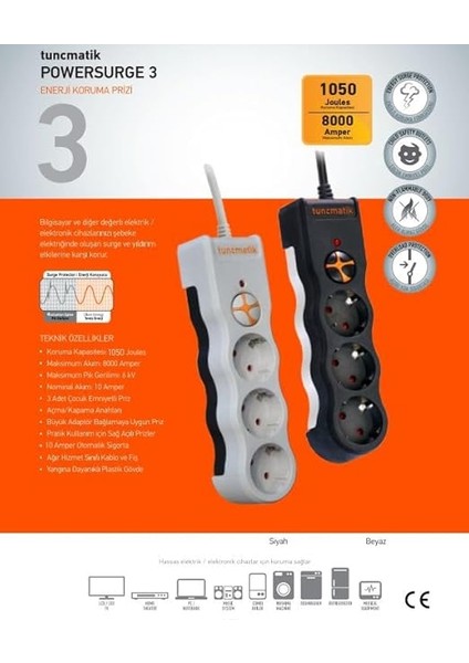 TSK19009 Powersurge 3-Surge Protectıon PLUG-1050 Joule-Wıth Cable Beyaz fiyatları