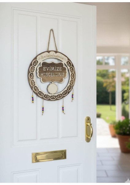 Ahşap Kapı Süsü Hoşgeldiniz Yazılı Boncuk Detaylı Ip Askılı
