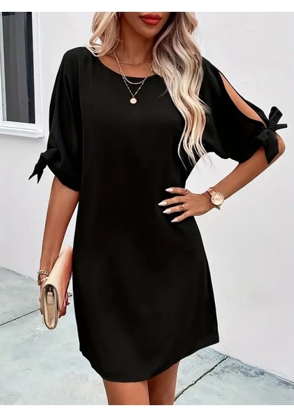 Kadın Kısa Kollu Kolu Bağlamalı Yakası Açık Janjan Elbise