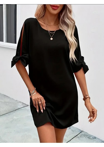 Kadın Kısa Kollu Kolu Bağlamalı Yakası Açık Janjan Elbise fiyatları