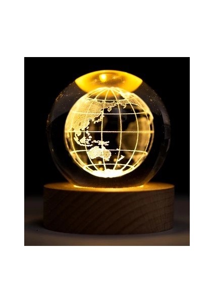 Dekoratif Dünya Tasarımlı Ahşap Altlıklı Işıklı Cam Küre Büyük Boy Cam:8cm Ahşap:2cm