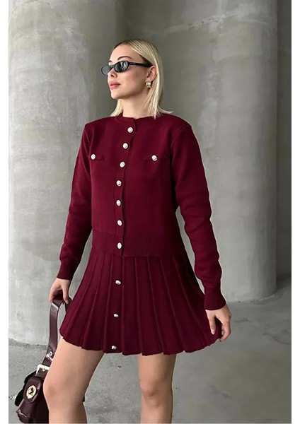 Kadın Triko Mini Etek Hırka Takım – Bordo