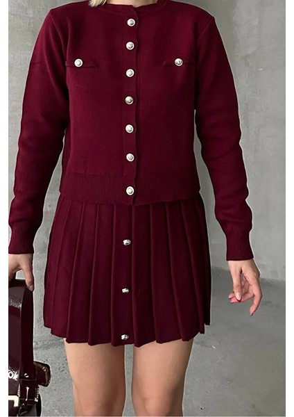 Kadın Triko Mini Etek Hırka Takım – Bordo fiyatları