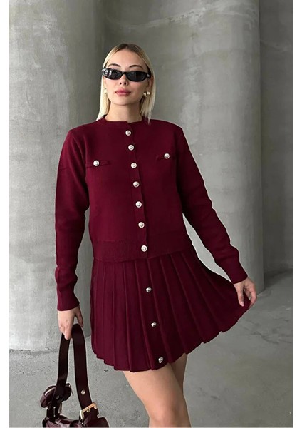 Kadın Triko Mini Etek Hırka Takım – Bordo modelleri