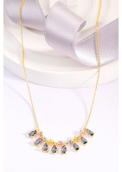 Altın Kaplama 925 Ayar Gümüş Damla Kesim Sultanit Taşlı Renkli Dorika Detaylı Top Zincirli Kolye