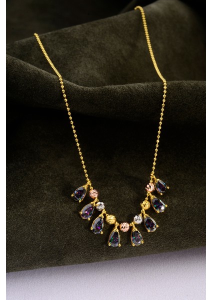 Altın Kaplama 925 Ayar Gümüş Damla Kesim Sultanit Taşlı Renkli Dorika Detaylı Top Zincirli Kolye fiyatları