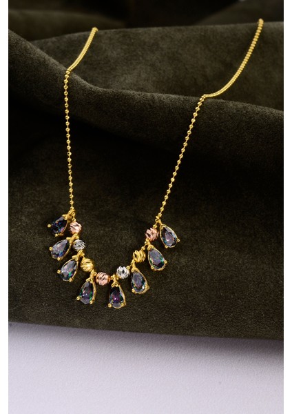 Altın Kaplama 925 Ayar Gümüş Damla Kesim Sultanit Taşlı Renkli Dorika Detaylı Top Zincirli Kolye modelleri