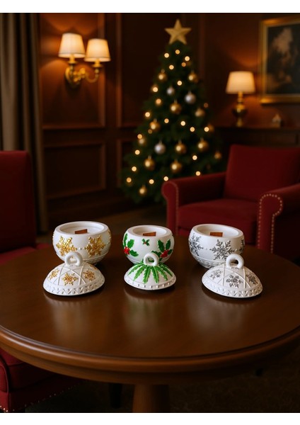 Dekoratif Kapaklı Mum Seti 3’lü – Altın Gümüş Yeşil Desenli Yeni Yıl Özel Tasarım Mum & Biblo Seti