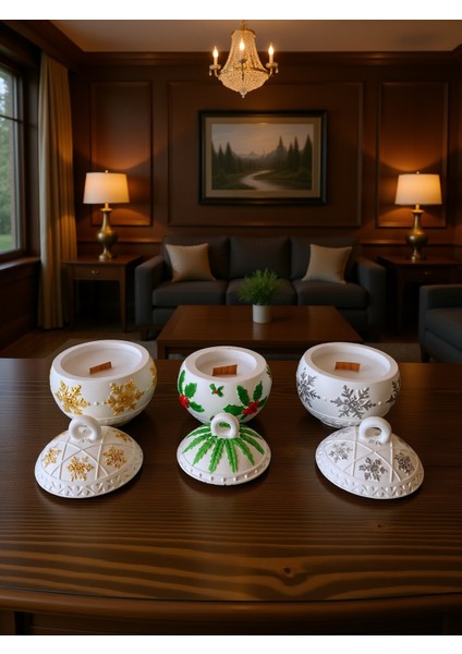 Dekoratif Kapaklı Mum Seti 3’lü – Altın Gümüş Yeşil Desenli Yeni Yıl Özel Tasarım Mum & Biblo Seti fırsatları