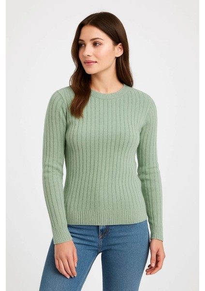 Erkek Bisiklet Yuvarlak Yaka Triko Kazak Pamuklu Kalın Fitilli Dokuma, Regular Fit Uzun Kollu Kışlık Model - Mint Yeşili