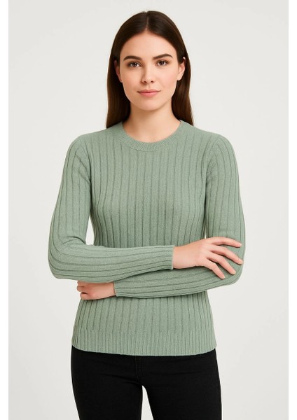 Erkek Bisiklet Yuvarlak Yaka Triko Kazak Pamuklu Kalın Fitilli Dokuma, Regular Fit Uzun Kollu Kışlık Model - Mint Yeşili fırsatları