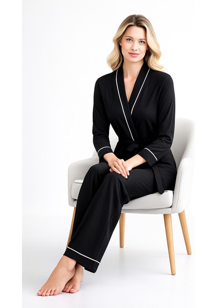 Kadın Premium Sabahlık Pijama Takımı – Ince Biyeli Şık 2’li Set