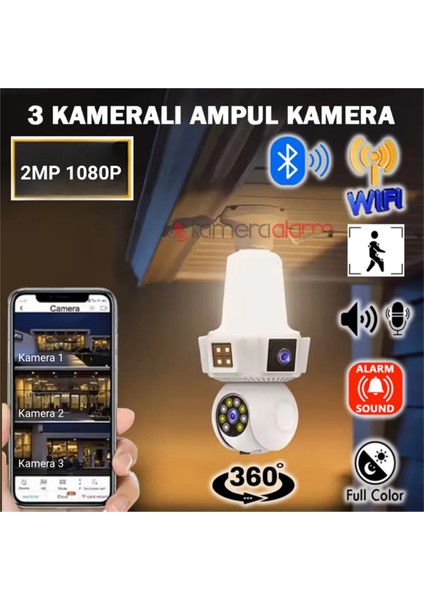 3 Kameralı Duy ile Çalışan 360° Dönebilir Geniş Açı Hareketi Bildiren Ampul Kamera