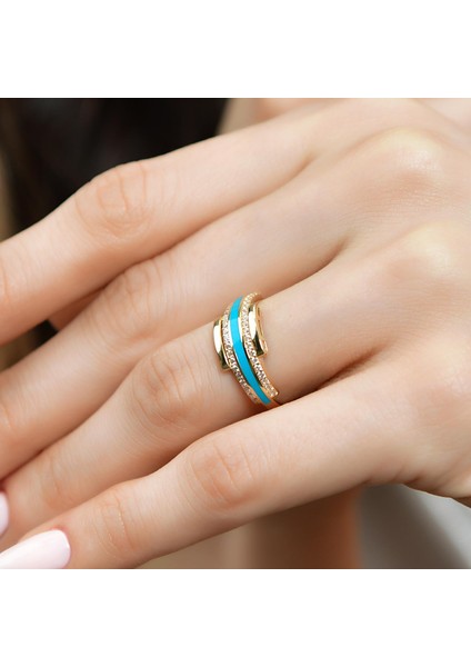 14 Ayar Altın Çizgili Mineli Taşlı Yüzük