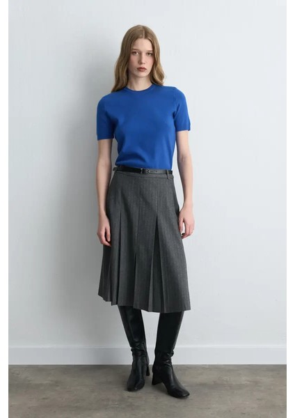 Pilikaşeli Kaşe Uzun Kemerli Etek - Gri modelleri