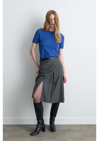 Pilikaşeli Kaşe Uzun Kemerli Etek - Gri indirimleri