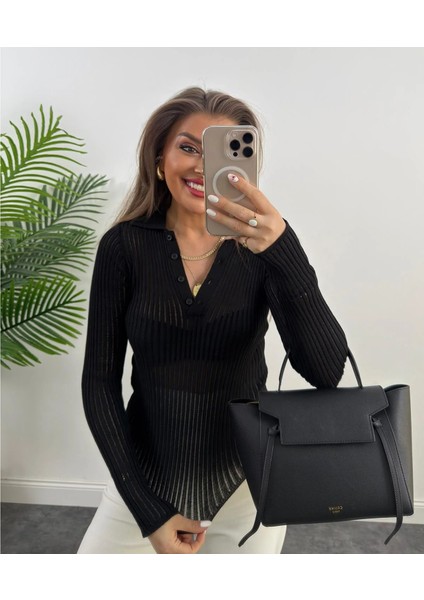 Siyah Polo Yaka Tül Örgü Transparan Detaylı Ince Triko Kazak