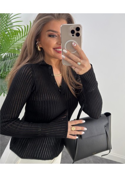 Siyah Polo Yaka Tül Örgü Transparan Detaylı Ince Triko Kazak modelleri
